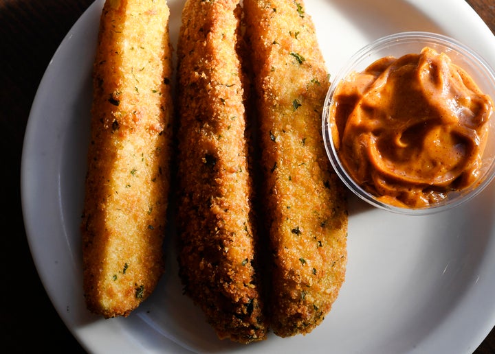 Spicy sauces like chipotle mayo go great with fried pickles, as well as french fries.