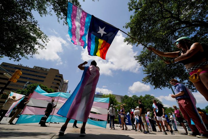 Demonstrators gathered at the Texas State Capitol to speak on transgender-related legislation in 2021.