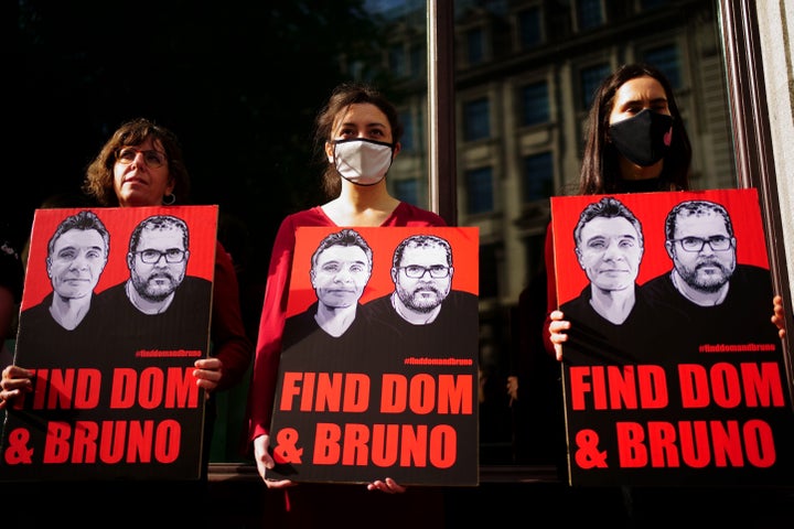 Supporters stand at a vigil on Thursday, June 9, 2022, outside the Brazilian Embassy in London for Dom Phillips and Bruno Araujo Pereira, a British journalist and an Indigenous affairs official, both of whom had been reported missing in Brazilian Amazon Rainforest since June 5.