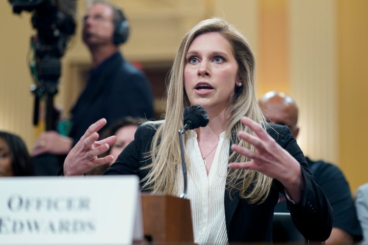 U.S. Capitol Police officer Caroline Edwards testifies Thursday evening as the House select committee investigating the Jan. 6 attack on the U.S. Capitol holds its first public hearing.