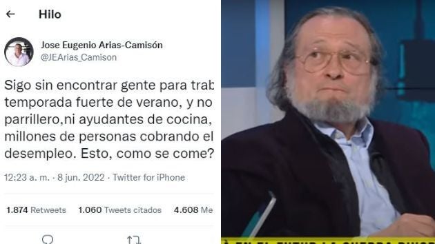 Santiago Niño-Becerra, junto al polémico tuit del hostelero.