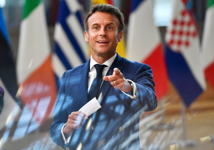 French President Emmanuel Macron speaks to media at the Europa building in Brussels, on May 31, 2022. 