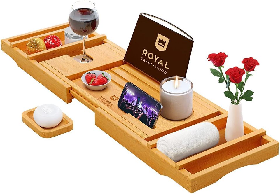  Bath Caddy Tray for Tub: Bamboo Bathtub Tray Caddy Expandable  with Wine Glass Holder and Book Stand. Luxury Bubble Bath Accessories & Spa  Decor. Self Care Gifts for Women, Birthday Gift