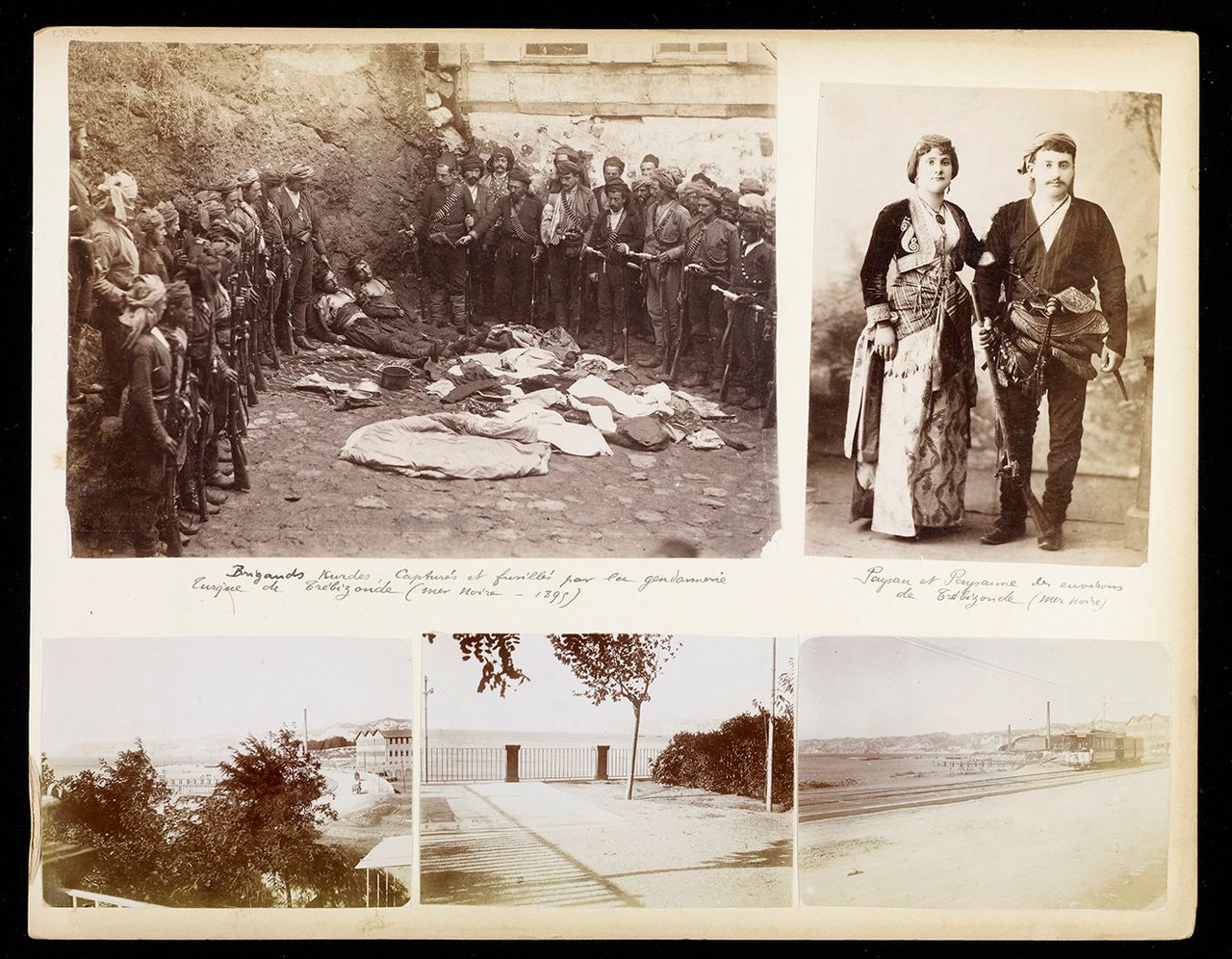 Δεξιόστροφα από πάνω αριστερά: Κούρδοι ληστές που συνελήφθησαν και εκτελέστηκαν από την τουρκική χωροφυλακή, Τραπεζούντα, Ζευγάρι Ποντίων από την Τραπεζούντα. Λιμάνι με τρόλεϊ, 1885–95, άγνωστος φωτογράφος.