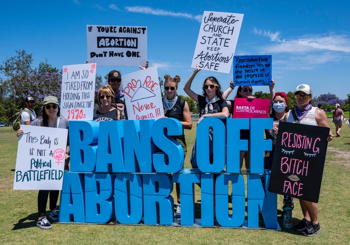 Demonstrators appear at the Bans Off Abortion rally in Santa Ana, California, on Saturday, May 14.