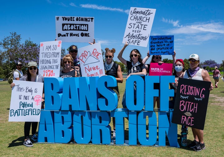 Demonstrators appear at the Bans Off Abortion rally in Santa Ana, California, on Saturday, May 14.