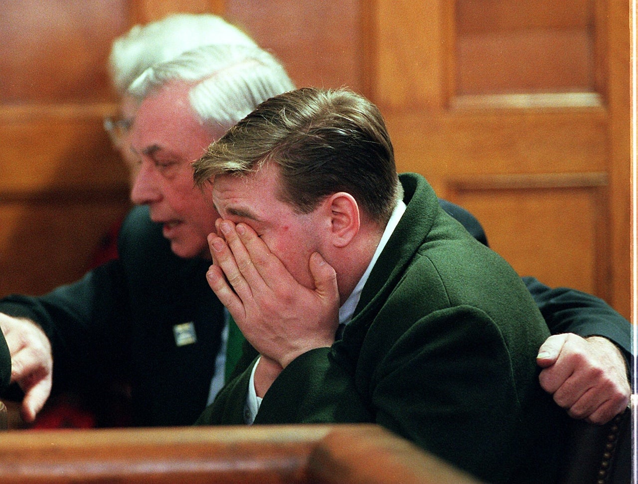 Shannon Lowney's brother, Liam Lowney, reacts to testimony in Norfolk County Superior Court during the trial of John Salvi, who killed two employees at two Massachusetts abortion clinics.