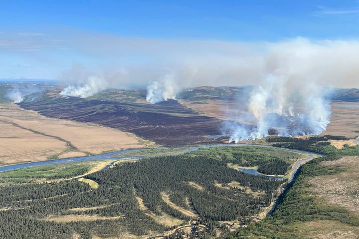 In this aerial photo provided by the BLM Alaska Fire Service, the East Fork Fire burns about 25 miles north of St. Mary's, Alaska on June 2, 2022. The