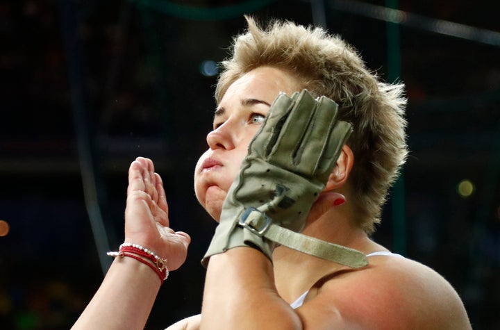 Poland's gold medal winner Anita Wlodarczyk prepares an attempt in the women's hammer throw final at the European Athletics Championships in the Olympic stadium in Berlin, Germany, Sunday, Aug. 12, 2018. (AP Photo/Matthias Schrader)