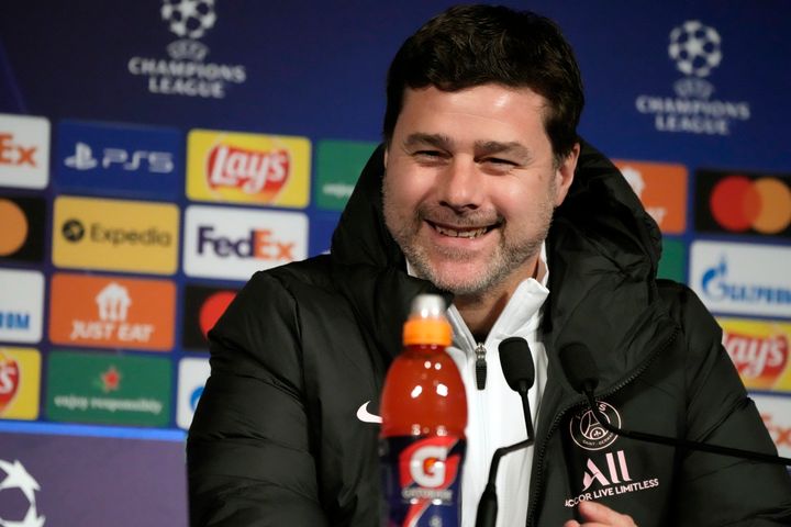 PSG's head coach Mauricio Pochettino attends a media conference at the Parc des Princes Stadium in Paris, France, Monday, Feb. 14, 2022. Paris Saint Germain will play its Champions League round of 16, first leg, soccer match against Real Madrid on Tuesday. (AP Photo/Francois Mori)