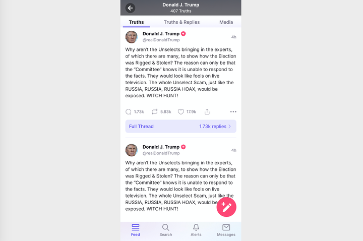 Former President Donald Trump regularly posts original messages and re-shares content on Truth Social that paints him in a favorable light.