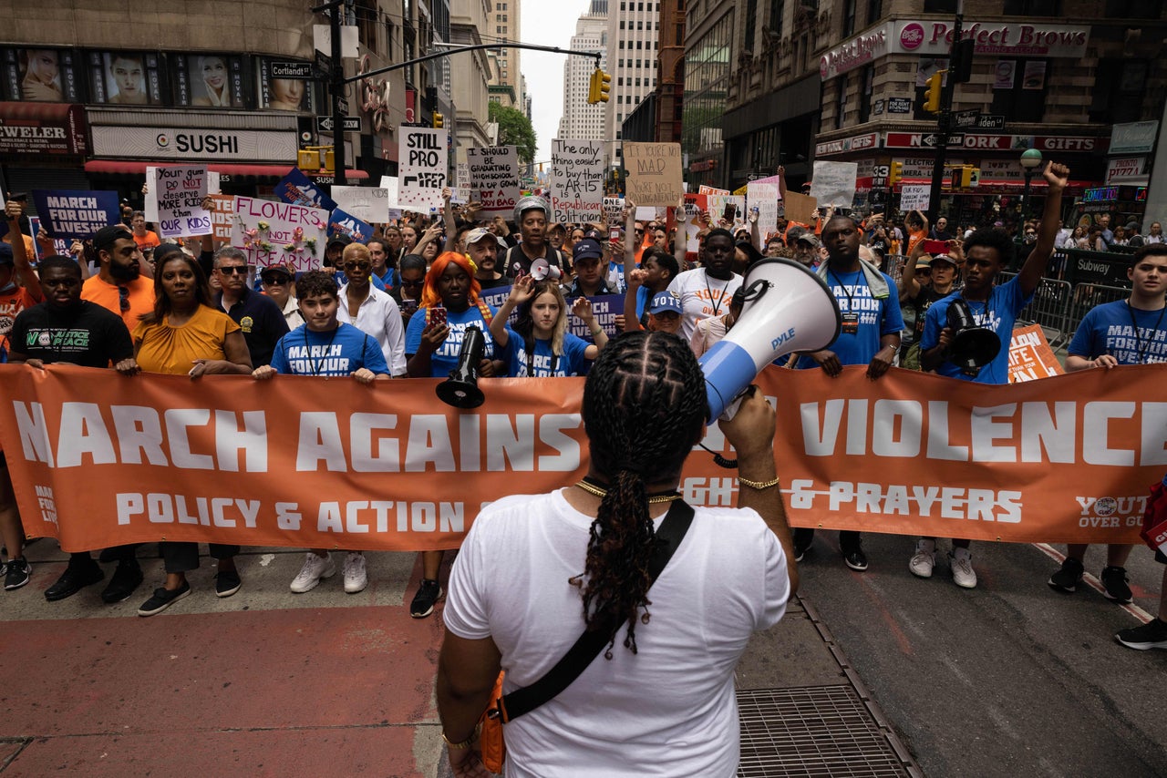 Demonstrators join a March for Our Lives rally in New York City.