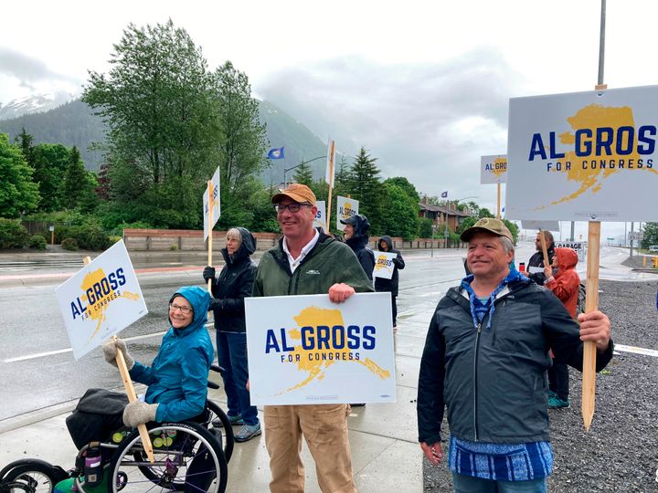 Al Gross, left, an independent running for Alaska's U.S. House seat, poses beside his wife, Monica Gross, on June 11, 2022, in Juneau, Alaska. 