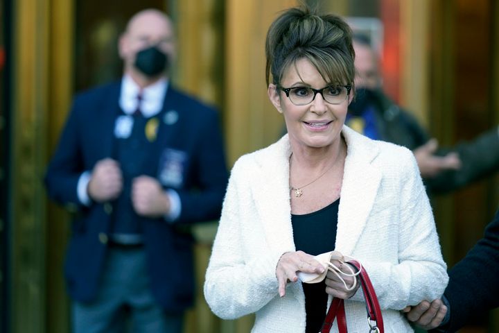 Sarah Palin leaves a courthouse in New York, on Feb. 10, 2022. Sarah Palin on on April 1, 2022, shook up an already unpredictable race for Alaska's lone U.S. House seat, filing paperwork to join a field of at least 40 candidates seeking to fill the seat that had been held for 49 years by the late-U.S. Rep. Don Young.