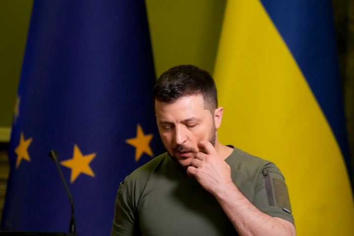 Ukraine President Volodymyr Zelenskyy leaves after a joint press conference with European Commission President Ursula von der Leyen in Kyiv, Ukraine.