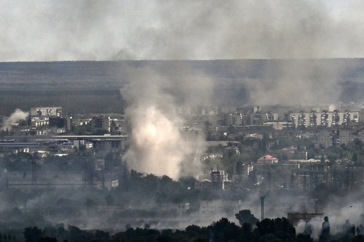 Smoke and dirt rise from shelling in the city of Severodonetsk during fight between Ukrainian and Russian troops in the eastern Ukrainian region of Donbas on June 7, 2022.