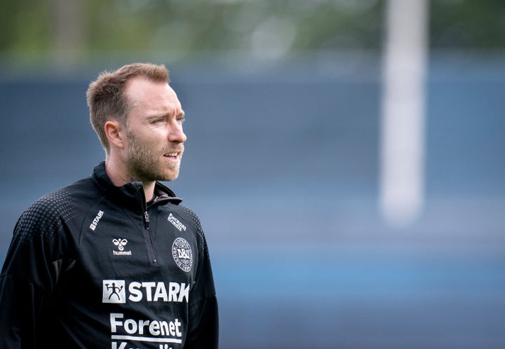 Denmark's Christian Eriksen attends a training session prior to the Nations League soccer match in Elsinore, Denmark, Thursday June 9, 2022. Denmark will play Croatia on Friday. (Liselotte Sabroe/Ritzau Scanpix via AP)