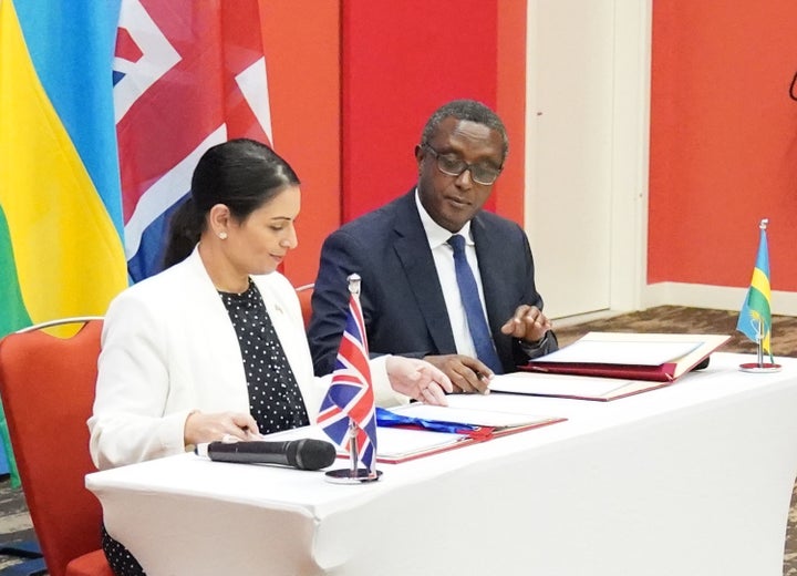 Home Secretary Priti Patel and Rwandan minister for foreign affairs and international co-operation, Vincent Biruta, signed a "world-first" migration and economic development partnership in the East African nation's capital city Kigali, on Thursday. Picture date: Thursday April 14, 2022.