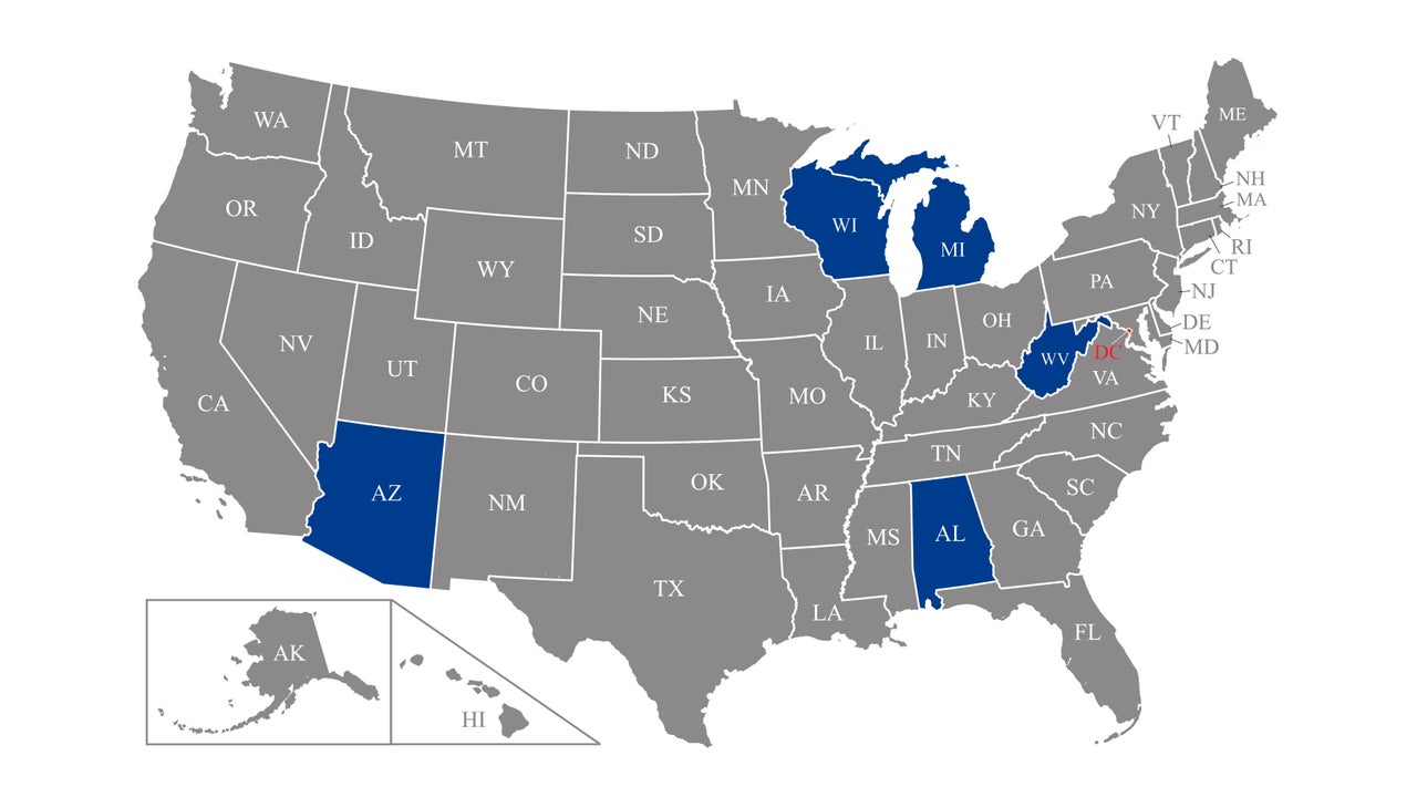 The five states with pre-Roe laws and no trigger ban law.