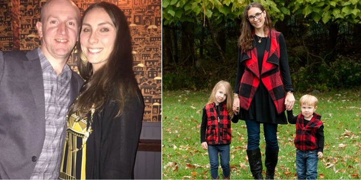Pamela Addison and her husband, Martin, who died of COVID in April 2020. On the right, a photo of Addison and the couple's two kids.