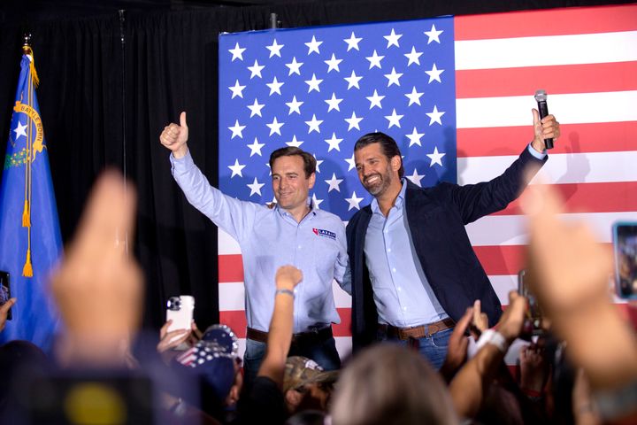 Republican Nevada Senate candidate Adam Laxalt, left, poses with Donald Trump Jr. during a campaign event last week. 