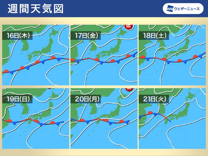 週間天気図 16日(木)～21日(火)