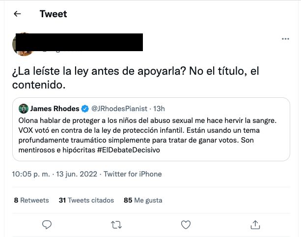 El tuit al que ha respondido James Rhodes.