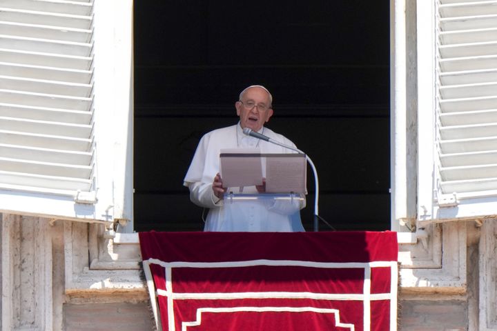 Pope Francis delivers his speech as he recites the Regina Coeli noon prayer from the window of his studio overlooking St. Peter's Square, at the Vatican, on June 12, 2022. 
