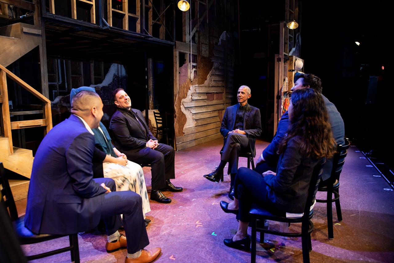 Former President Barack Obama (center) with DACA recipients (left to right) Josue de Paz, Sumbul Siddiqui, Tony Valdovinos, Devashish Basnet and Jessica Astudillo at a discussion marking DACA's 10th anniversary, filmed in late May in New York.