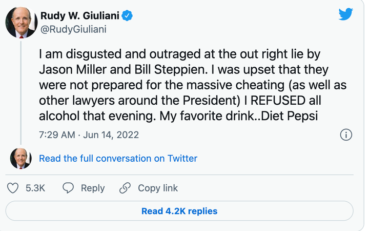 Rudy Giuliani Denies Being Drunk On Election Night, But Twitter Users Are Skeptical Rudy Giuliani Posted This Tweet Which Has Now Been Deleted On June 14, 2022.