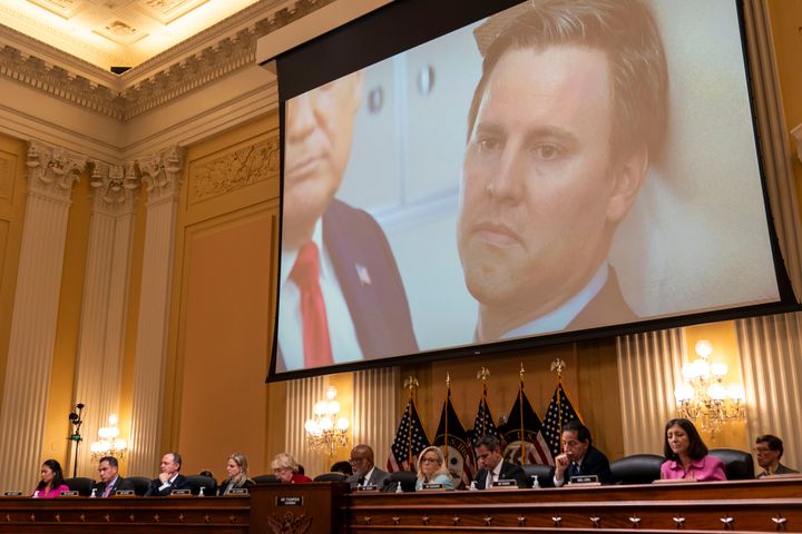 A still photograph of former Trump campaign manager Bill Stepien is shown on screen while excerpts of his deposition are played during a House Jan. 6 committee hearing on Monday.
