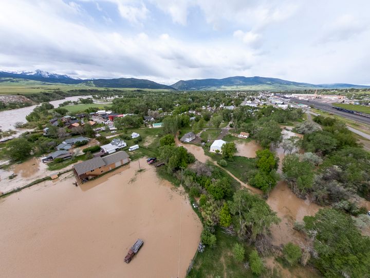 An aerial view of flooding seen on Tuesday in Livingston, Montana.