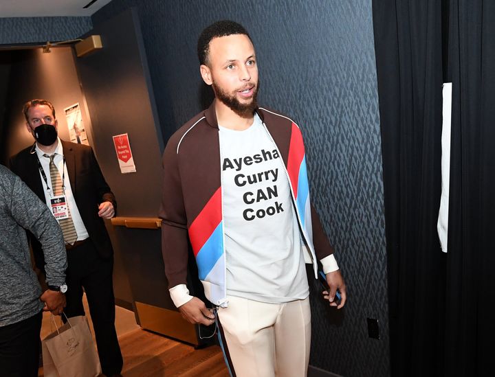 Stephen Curry of the Golden State Warriors walks to the press conference after Game Five of the 2022 NBA Finals against the Boston Celtics on June 13.
