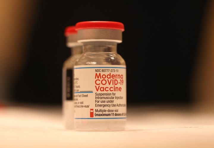 Vials of Moderna COVID-19 vaccine sit on a table at a COVID-19 vaccination clinic on April 6, 2022, in San Rafael, California. 