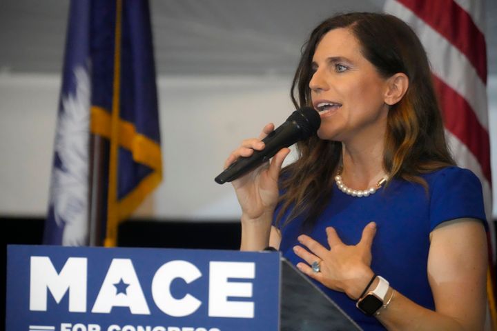 U.S. Rep. Nancy Mace of South Carolina speaks to supporters at her election night event after defeating former state Rep. Katie Arrington in the 1st District primary on June 14, 2022, in Mount Pleasant, S.C. 