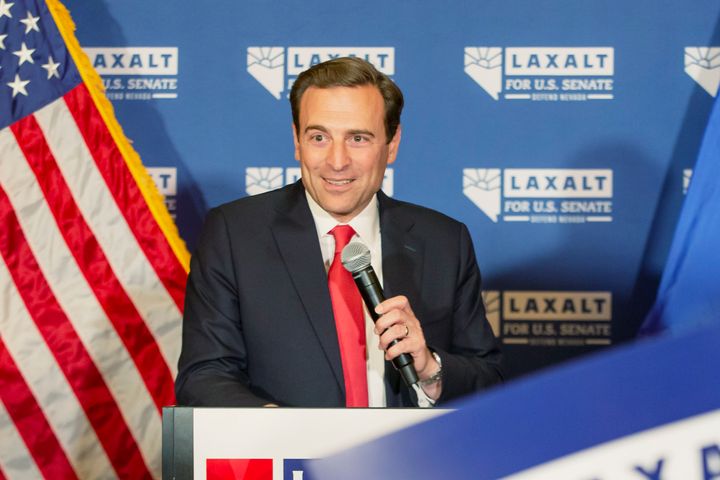 Nevada Republican U.S. Senate candidate Adam Laxalt celebrates his victory with family, friends and supporters at the Tamarack Casino in Reno, Nev., Tuesday, June 14, 2022. 