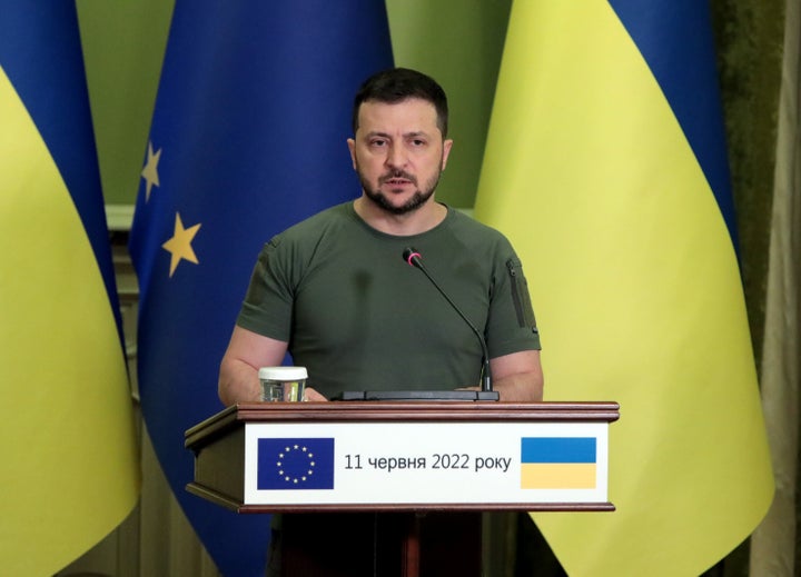 President of Ukraine Volodymyr Zelenskyy attends a joint briefing with President of the European Commission Ursula von der Leyen, Kyiv, capital of Ukraine. 