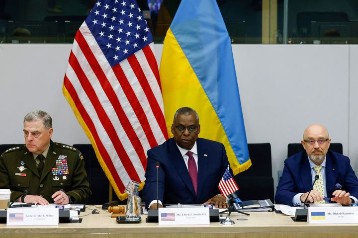 LtoR, U.S. Chairman of the Joint Chiefs of Staff, General Mark Milley, U.S. Defense Secretary Lloyd Austin, Ukraine's Defence Minister Oleksii Reznikov and Ukrainian Lieutenant General Levgen Moisuk attend the Ukraine Defence Contact group meeting ahead of a NATO defence ministers' meeting at the alliance's headquarters in Brussels, on June 15, 2022. - Ukraine pleaded with Western governments on June 15, 2022 to decide quickly on sending heavy weapons to shore up its faltering defences, as Russia said it would evacuate civilians from a frontline chemical plant. (Photo by YVES HERMAN / POOL / AFP) (Photo by YVES HERMAN/POOL/AFP via Getty Images)