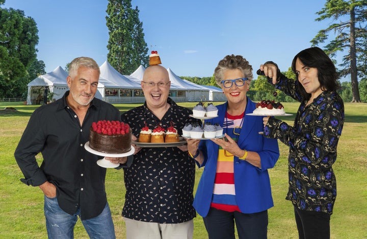 Paul and Prue with Bake Off hosts Noel Fielding and Matt Lucas