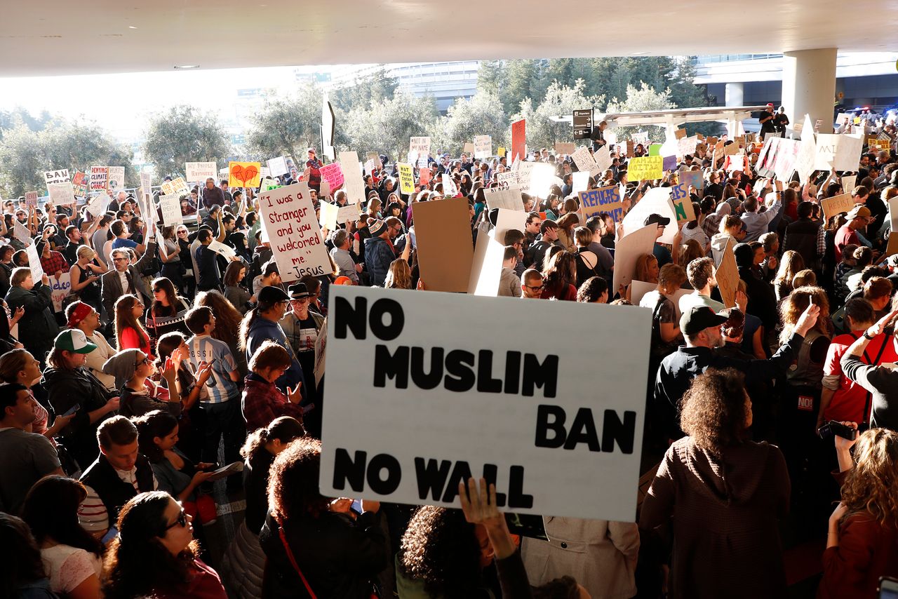 Droves of protesters showed up at airports, including San Francisco International Airport, in January 2017 to rally against President Donald Trump's ban on people entering the U.S. from certain majority-Muslim countries. The ACLU filed its first lawsuit related to the ban within hours of Trump signing it.