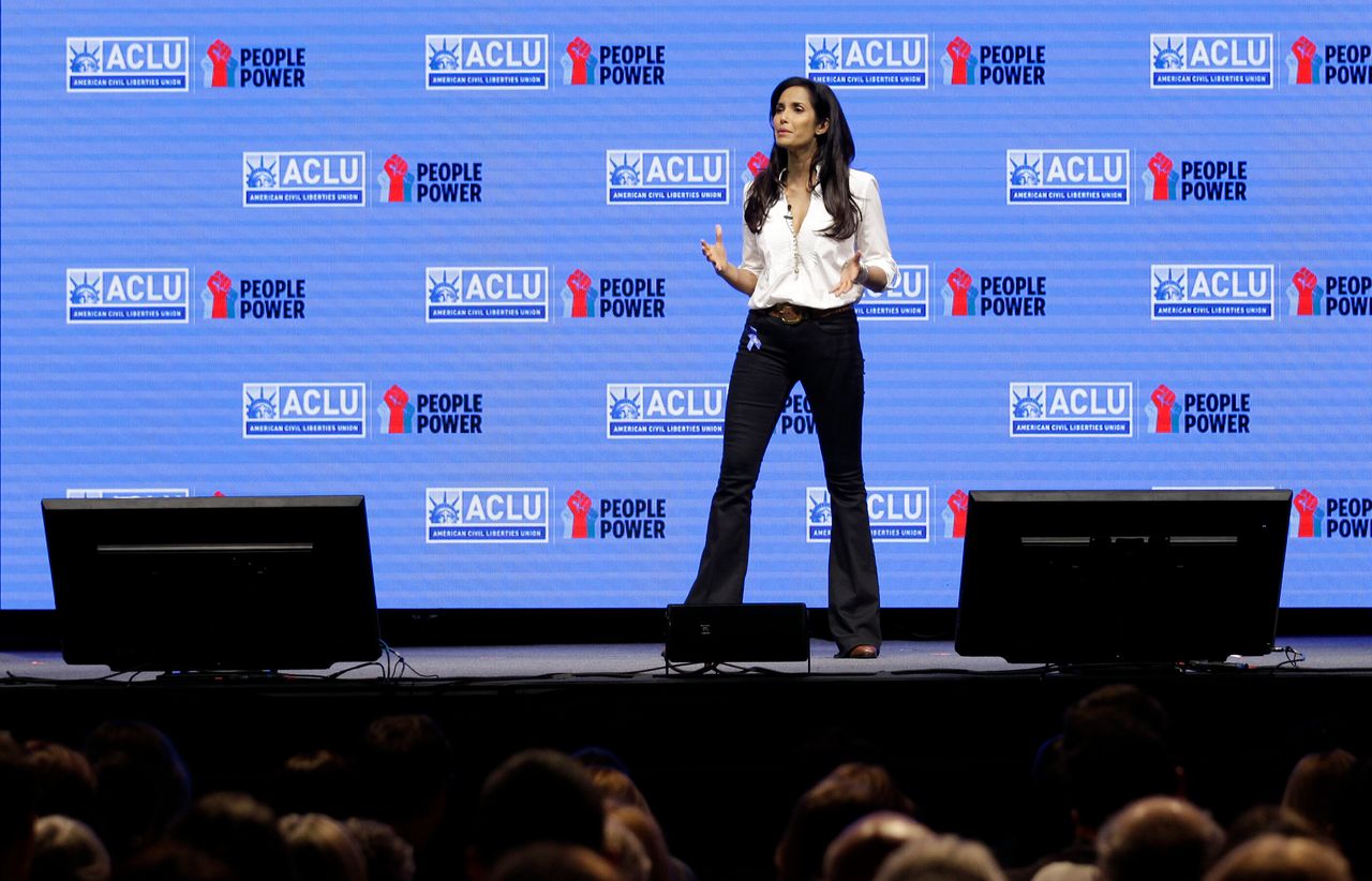 Padma Lakshmi speaks at "The Resistance Training," an event hosted by the American Civil Liberties Union on March 11, 2017, that was livestreamed.