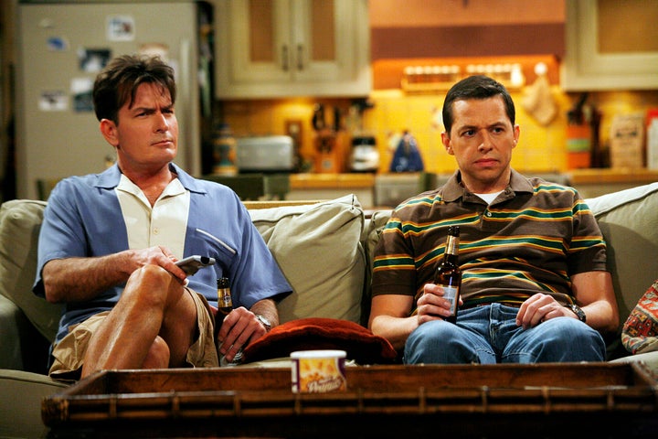 Sheen as Charlie and Cryer as Alan in a 2008 episode of "Two and a Half Men."