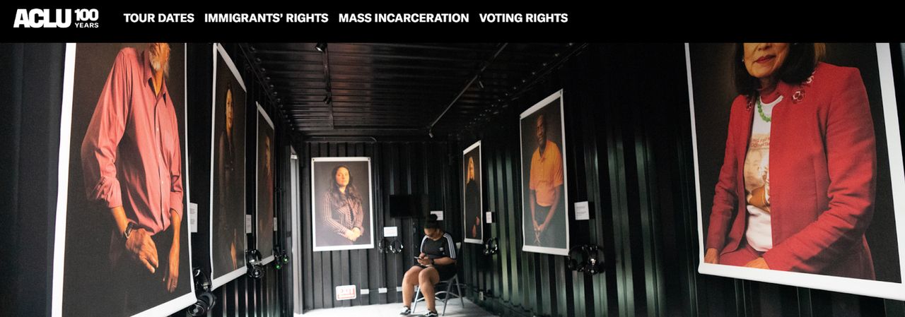 A screengrab of ACLU's 100 Years website, featuring the exhibit in shipping containers.