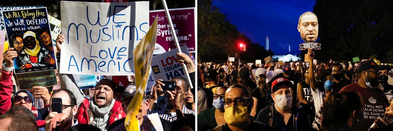 Left: protesters at a rally against the Muslim ban in October 2017. Right: demonstrators near the White House, protesting the death of George Floyd, in June 2020.