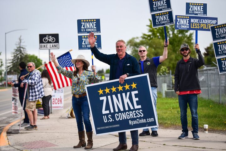 Former Interior Secretary Ryan Zinke, who is running as a Republican for a U.S. House seat, campaigns June 7 in Kalispell, Montana. He has again missed a deadline for filing a financial disclosure statement on his campaign.