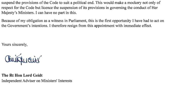 Letter of resignation from Lord Geidt to the Prime Minister 