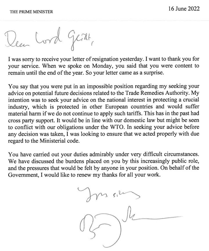 Boris Johnson's reply to Lord Geidt