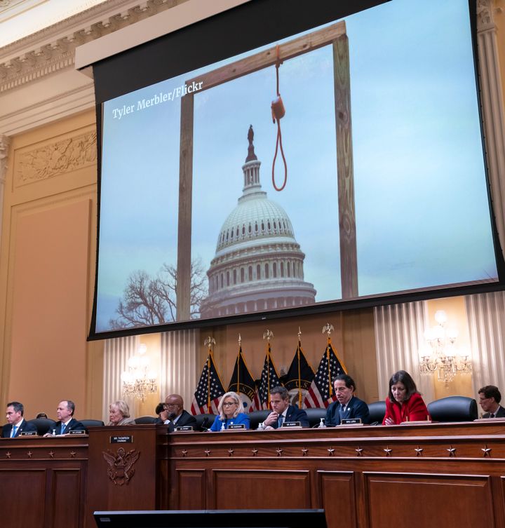 An image of a mock gallows on the grounds of the U.S. Capitol on Jan. 6, 2021, is shown on June 9, during the first public hearing of the House select committee investigating the Jan. 6 attack on the U.S. Capitol.