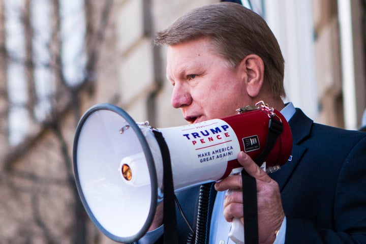 FILE - Former Nevada Assemblyman Jim Marchant addresses a crowd in front of the Nevada Capitol, March 4, 2021, in Carson, City, Nev. Marchant insisted there hadn't been a legitimate election in his state in more than a decade. But when he won the Republican nomination for Nevada secretary of state tin June 2022, he immediately celebrated the victory as legitimate.(Ricardo Torres-Cortez/Las Vegas Sun via AP, File)