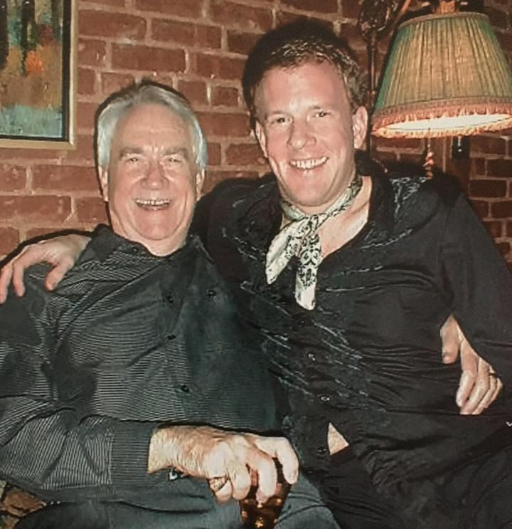 The author (right) and his father. This was "post boozy New York party, mid-1990s," he writes.